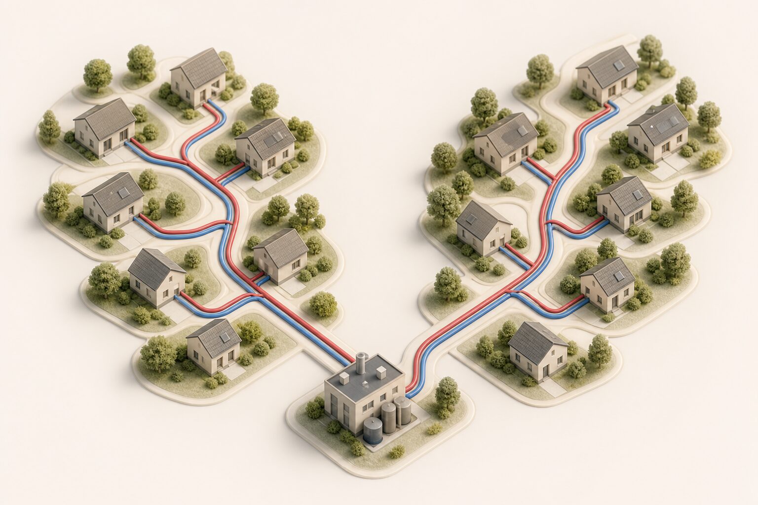 Isometrisches Modell einer Kommune mit Wärmenetz, Vor- und Rücklaufleitungen sowie Energiezentrale